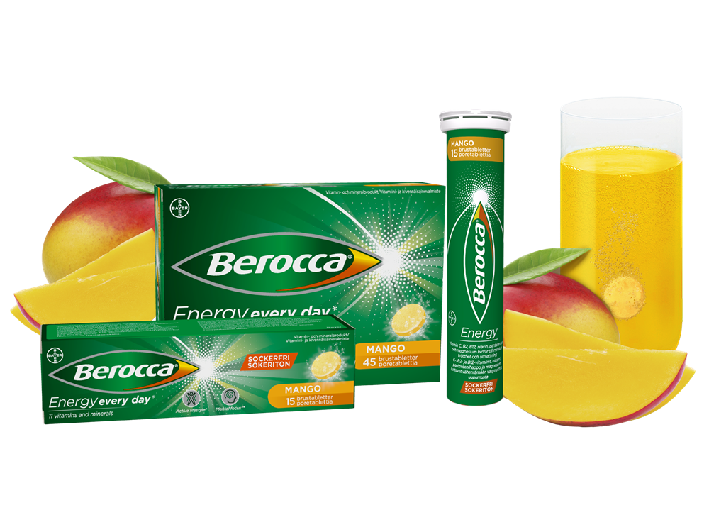 4. Berocca Energy Mango pakkaukset, lasi ja hedelmät
